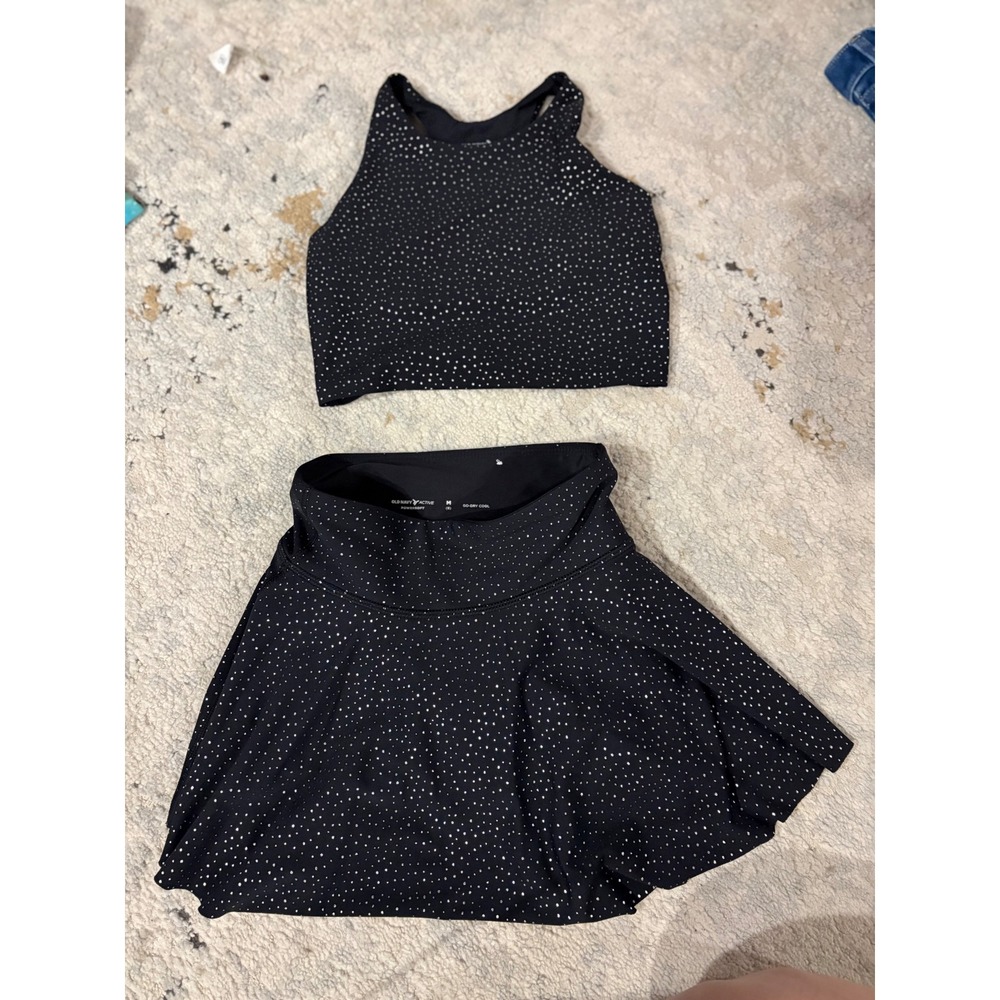 Old Navy Active Girls Powersoft Skirt Skort Tank Set Black Silver Polka Dot M 8